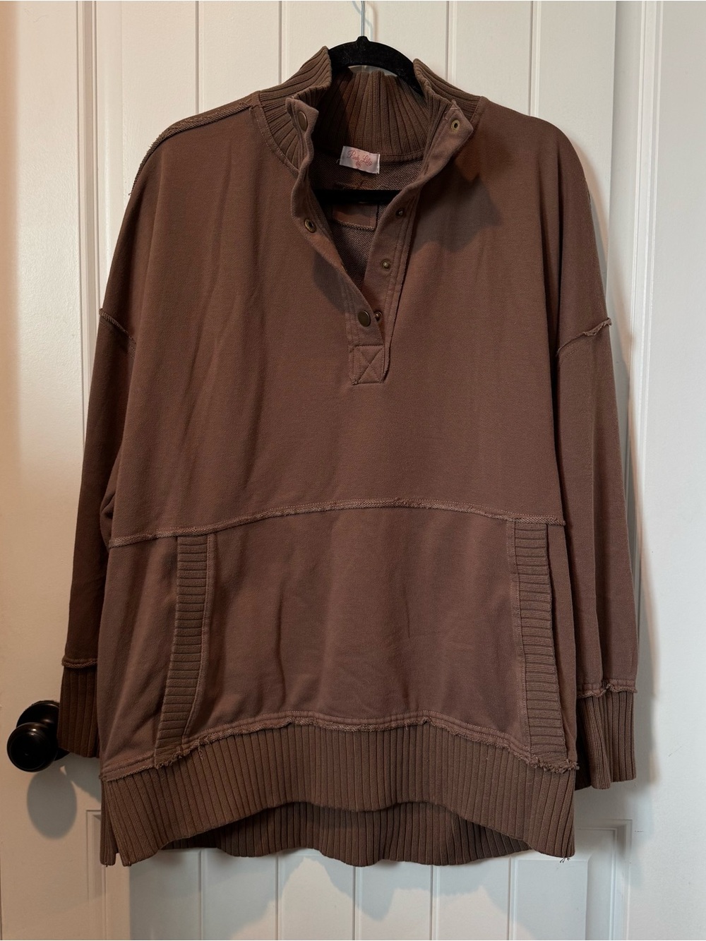 Pink Lily Brown Snap-Button Pullover Hoodie